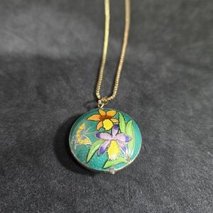 Cloisonne Floral Butterfly Puffy Pendant Gold Tone Box Necklace